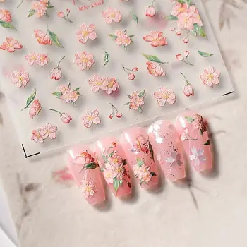1шт Розовый Цветок персика 5D Мягкие рельефные Самоклеящиеся наклейки для ногтей Тюльпан Магнолия Украшения для ногтей Аксессуары для ногтей