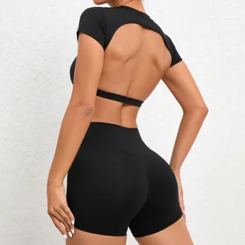 2 Фото Сексуальный комплект для йоги с открытой спиной, женские Облегающие спортивные топы + Спортивные шорты для подтяжки бедер, быстросохнущий комплект для фитнеса