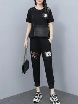 2022 Новый свободный женский ковбойский костюм большого размера, женская летняя джинсовая футболка + брюки, женские комплекты из двух предметов