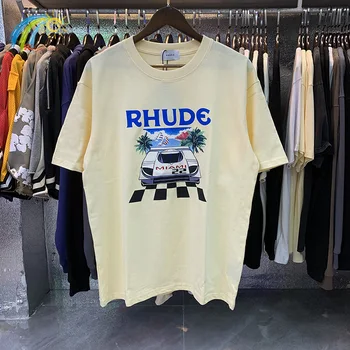 2022SS Мужская Женская повседневная Свободная футболка RHUDE с принтом гоночного автомобиля Лучшего качества, черно-белая Футболка RHUDE с абрикосовым рисунком, внутренняя бирка