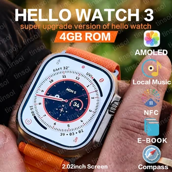 2023 Hello Watch 3 Amoled Экран 2,04 дюйма 4 ГБ Смарт-часы Bluetooth Call Для Мужчин Compass Series 8 Для Женщин Smartwatch PK HK8 Pro max