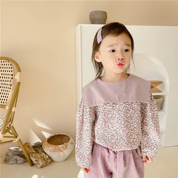 2023 Блузки Детская одежда с воротником-лацканом Осенняя новая Детская Корейская майка с длинными рукавами для девочек с фрагментированными цветами