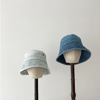 2023 Весенне-осенняя шляпа-ведро с зонтиком для корейских мальчиков, выходящая на прогулку, однотонная ковбойская шляпа от Солнца для девочек, иностранный стиль, шляпа для бассейна 50-54 см