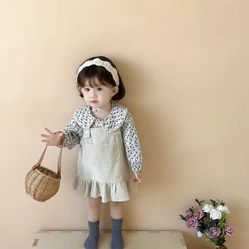 2023 Весна Осень, Корея, Комплект одежды из 2 предметов для маленьких девочек, хлопковая рубашка с длинным рукавом, Вельветовое платье на подтяжках, костюм для маленьких девочек, наряды