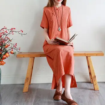 2023 китайский стиль ретро этнический стиль женское летнее ципао с длинным воротником художественно улучшенное хлопчатобумажное льняное платье daily qipao dress