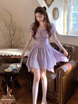 2023 Летнее Французское Элегантное мини-платье, Женское Корейское праздничное Милое платье, Женское платье трапециевидной формы на шнуровке с пышными рукавами