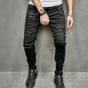 2023 Мужские джинсы Стрейчевые обтягивающие повседневные Черные джинсовые брюки С дырками Во всю длину Уличная одежда Рваные джинсы
