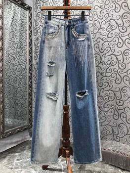 2023 новая женская мода, свободные повседневные прямые брюки с ромбовидными вставками, контрастные джинсы с дырками, широкие штанины 0607