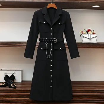 2023 Новая мода Жемчужная грудь Средней длины, крутой стиль, Классический Черный костюм, ветровка, пальто, платье, Японское пальто, пончо