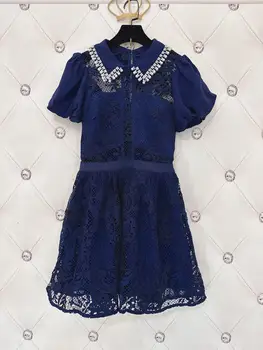 2023 новое женское модное кружевное платье с коротким рукавом и лацканами темно-синего цвета 0828