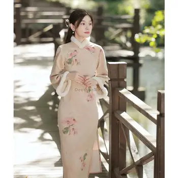 2023 новое китайское улучшенное платье ципао с цветочным принтом зима осень элегантное плотное хлопковое розовое длинное ретро повседневное женское платье чонсам