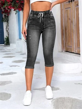 2023, Новые летние Женские черные рваные джинсы с эластичной резинкой на талии, модные джинсовые брюки-карандаш длиной до икр, S-2XL