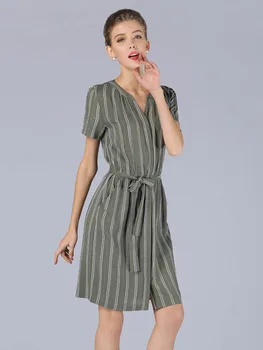 2023 Осеннее Новое платье-рубашка из искусственного хлопка большого размера с V-образным вырезом и прямой трубкой в полоску, женская модная одежда высокого класса