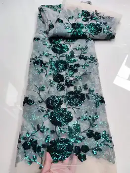 2023 Роскошная новейшая индийская ткань сари, высококачественный тюль, 3D кружевная ткань с зелеными блестками, ткань для свадебного платья YYZ893