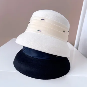 202308-XL ins шикарная ЗИМНЯЯ шляпа Хепберн с элегантными маленькими полями, расшитая бисером, женская кепка-ведро, женская рыболовная шляпа для отдыха