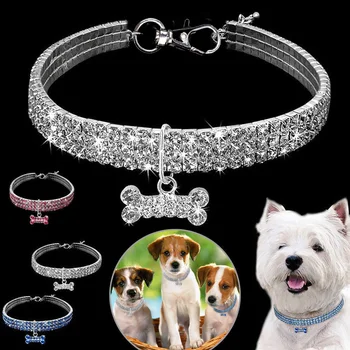 3 ряда горный хрусталь эластичный домашнее животное Собака ожерелье цепочка Кристалл ошейник товары для домашних животных маленькая собака бирка ювелирных изделий