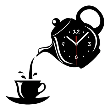 3D наклейка Часы, Кофейная чашка, чайник, Самоклеящиеся акриловые Зеркальные Настенные часы, наклейки для домашнего декора гостиной, Настенные часы, Настенные часы