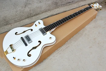 4-Струнная электрическая бас-гитара с белым полупустым корпусом с золотой фурнитурой, предлагается на заказ