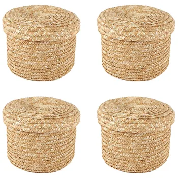 4X Плетеная корзина для хранения из пшеничной соломы, корзина для хранения, инновационная корзина, корзина с натуральной коричневой отделкой в деревенском стиле (средняя)