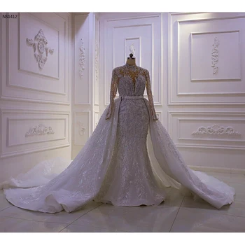 AM1412 королевское свадебное платье с высоким воротом и кружевным жемчугом 2 в 1 