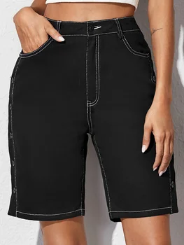Benuynffy Женские джинсовые шорты с высокой талией и прямыми штанинами, черные джинсовые шорты, Летние повседневные женские шорты-бермуды на пуговицах, джинсы 2023