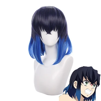 Demon Slayer Kimetsu no Yaiba Hashibira Inosuke Короткий синий парик омбре с термостойкими волосами, костюм для париков бесплатно. Шапочки для париков
