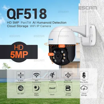 ESCAM QF518 5MP Pan/Tilt AI Humanoid Detection Автоматическое Отслеживание Облачного Хранилища WiFi IP-Камера с Двусторонним Аудио Ночного Видения