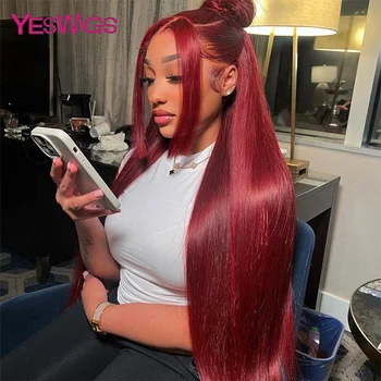 HD 13x4 бордового цвета, 99J, прямые парики из человеческих волос на шнурке спереди Для женщин, предварительно выщипанный Прозрачный парик на шнурке спереди
