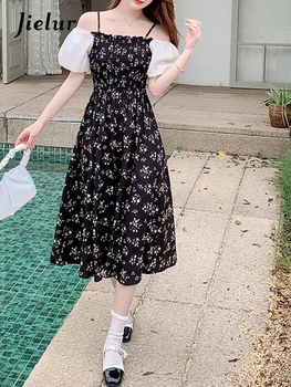Jielur, новое Женское платье с квадратным вырезом и цветочным принтом, Летнее Корейское платье Sweet Lady с пышными рукавами, Модное Шифоновое платье с коротким рукавом