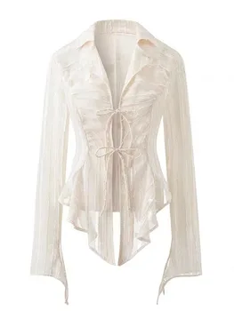 Jmprs, Сексуальная женская блузка на шнуровке с длинным рукавом, Весенняя новая рубашка с отложным воротником, Белые Y2K, Корейские модные Женские топы