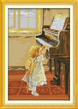 Joy Sunday Набор для вышивания крестиком с предварительной печатью Easy Pattern Aida Набор для Вышивания Из Тисненой Ткани-Маленькая Девочка и пианино