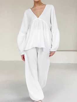 Linad, свободные пижамы для женщин, комплекты из 2 предметов, Белая пижама с V-образным вырезом и длинным рукавом, Женские повседневные брючные костюмы, осенняя пижама