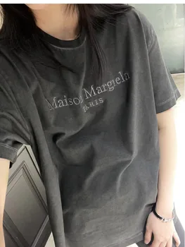 Margiela style летняя новинка MM6, выстиранная серая старая футболка с вышитыми буквами, свободная футболка с короткими рукавами, негабаритная унисекс для мужчин и женщин