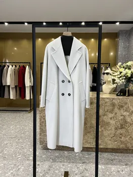 MAX 101801 Шерстяное пальто Женское Черное Свободное Повседневное Кашемировое пальто Женское Двубортное шерстяное пальто с прямым бочком