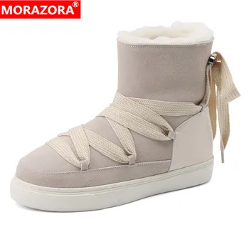 MORAZORA, размер 34-43, новые зимние ботинки из коровьей замши, женские теплые зимние ботинки из натуральной шерсти, модные ботильоны на платформе и шнуровке,