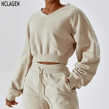 NCLAGEN, Свободный спортивный свитер с длинным рукавом, Теплый пуловер с V-образным вырезом, Универсальный повседневный свитер, женский дышащий топ для тренировок в тренажерном зале