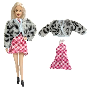 NK 1 комплект, платье принцессы 1/6, Модная клетчатая розовая юбка, Благородная красивая шуба, повседневная одежда для куклы Барби, Аксессуары, Подарочная игрушка