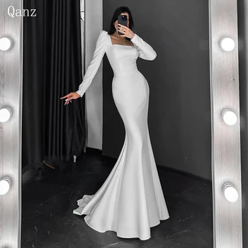 Qanz Элегантное свадебное платье Русалки с квадратным вырезом для невест, простое атласное свадебное платье с длинными рукавами, Vestidos Longos Amanda Novias