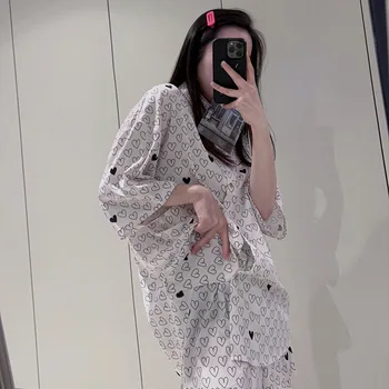 QSROCIO/ Женская весенне-летняя пижама из ледяного шелка, модная тонкая рубашка с коротким рукавом и принтом Любви, Шорты, свободный комплект домашней одежды