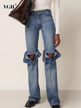 VGH Облегающие джинсовые Широкие брюки для женщин с высокой талией, однотонный лоскутный пояс, открытые уличные брюки, женский модный стиль