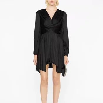 VII 2023 Бренд M Женская одежда с V-образным вырезом, Скрученное плиссированное Нерегулярное узкое черное платье, сексуальная юбка, предложения бесплатной доставки