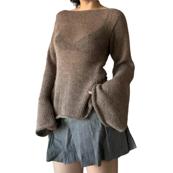 Xingqing y2k Свитера, женская одежда в стиле гранж, Однотонный пуловер с открытыми плечами и длинным рукавом, Вязаные топы, Одежда 2000-х, Уличная одежда