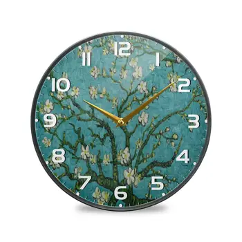 Акриловые настенные часы в стиле Ван Гога с цветущим миндалем, Бесшумные, не тикающие Круглые Подвесные Настенные часы для декора гостиной и спальни