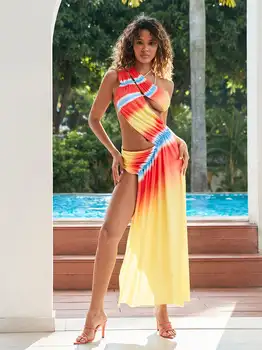 Асимметричное платье с вырезом на одно плечо, нерегулярный градиент, макси без рукавов, с открытой спиной, с высоким разрезом, открытая Сексуальная пляжная одежда для отпуска