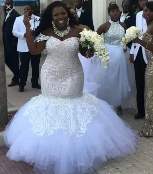 Африканские длинные свадебные платья Русалки, расшитые бисером, большие размеры, белые свадебные платья с кружевной спинкой на плечах, сшитые на заказ для женщин