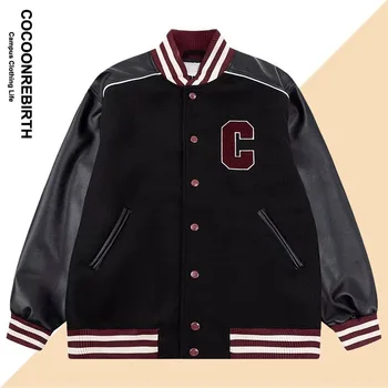 Бейсбольная куртка высокого бренда для мужчин 2023, Университетские куртки с кожаными рукавами и буквенной вышивкой, Свободное пальто для колледжа, осень
