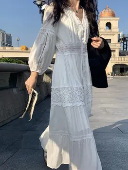 Белый женский сарафан, Летнее кружевное платье Макси в стиле бохо Оверсайз, хлопковое пляжное платье с длинным рукавом, повседневное Корейское модное шикарное платье