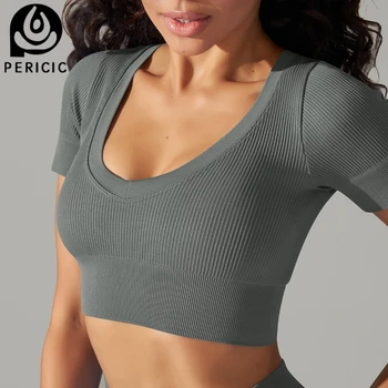 Бесшовная рубашка в рубчик для йоги, женский укороченный топ для фитнеса с коротким рукавом, топы для тренировок, одежда для спортзала, спортивная одежда для велоспорта, футболки для бега