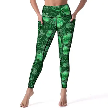 Блестящие штаны для йоги с трилистником, сексуальные леггинсы с абстрактным принтом листьев, леггинсы для фитнеса с высокой талией, женские Милые спортивные колготки