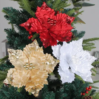 Блестящий Большой искусственный цветок Рождественский декор Пуансеттия Искусственные цветы Рождество Свадьба Новый Год Украшение дома Поделки ручной работы